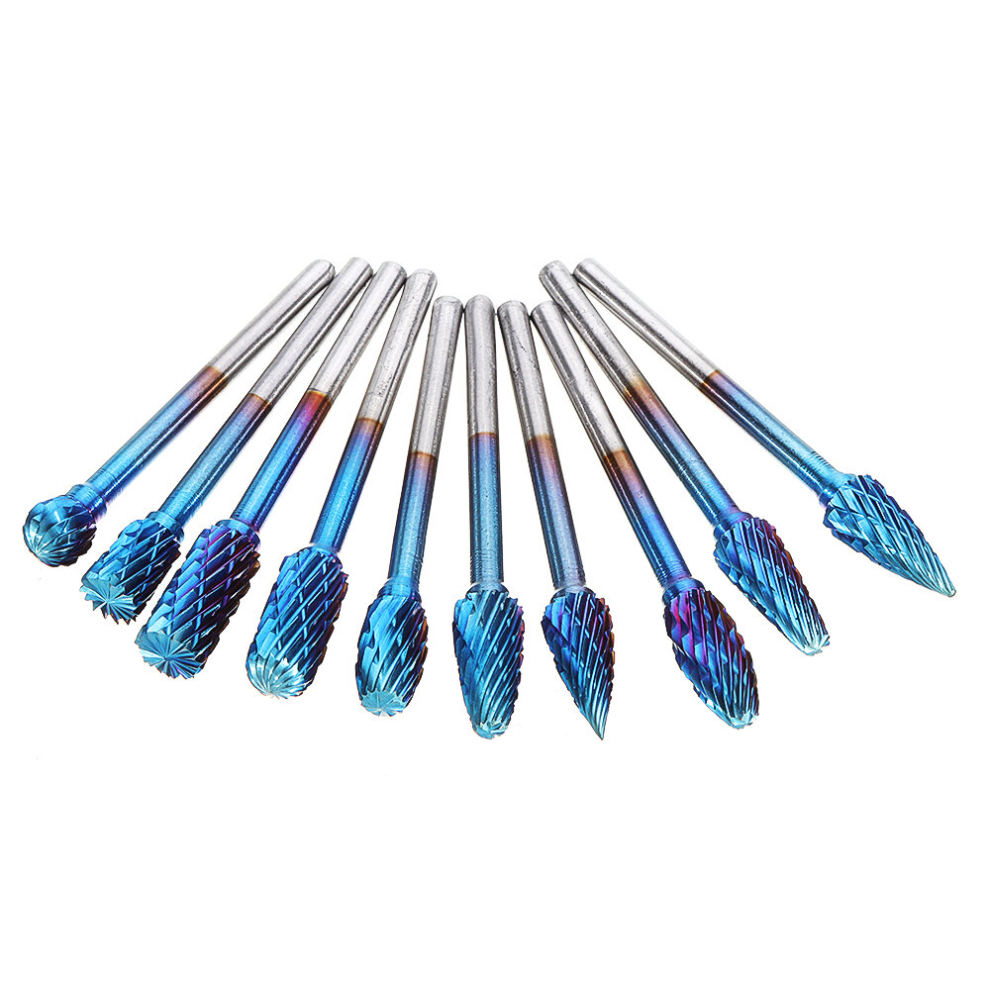 Drillpro 10Pcs 3Mm Shank Blue Nano Tungsten Carbide Burrs 6Mm Head Rotary File Set 6906139318952