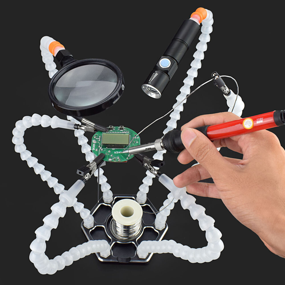 Newacalox 6 Flexible Arms Soldering Vise Helping Hands Third Hand Pcb Repair Fixture With Magnifying Glass Lens & Led Flashlight 300742202718