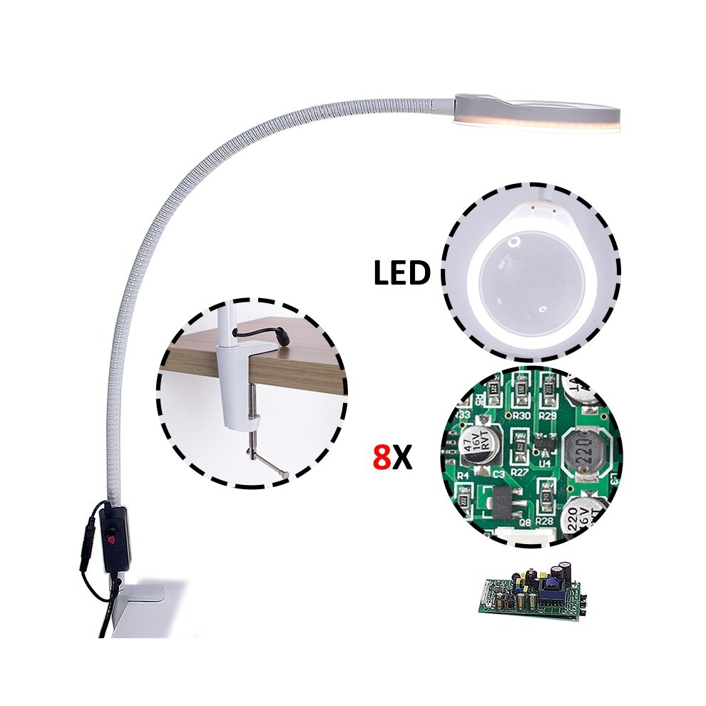 Desk Large Clip 48 LEDs 8X Magnifying Glass 800mm Flexible Metal Tube Illuminated Magnifier Lamp Loupe Reading/Rework/Soldering Lengthen Arms