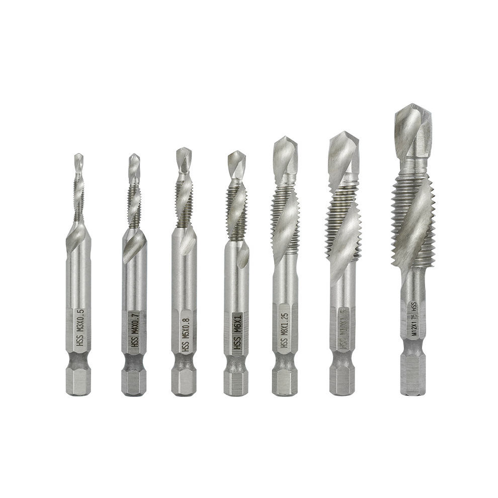 Drillpro 7Pcs M3-M12 Combination Drill Tap Bit Set Hss Deburr Countersink Drill Bits 1/4 Inch Hexagon Shank 6901249843523