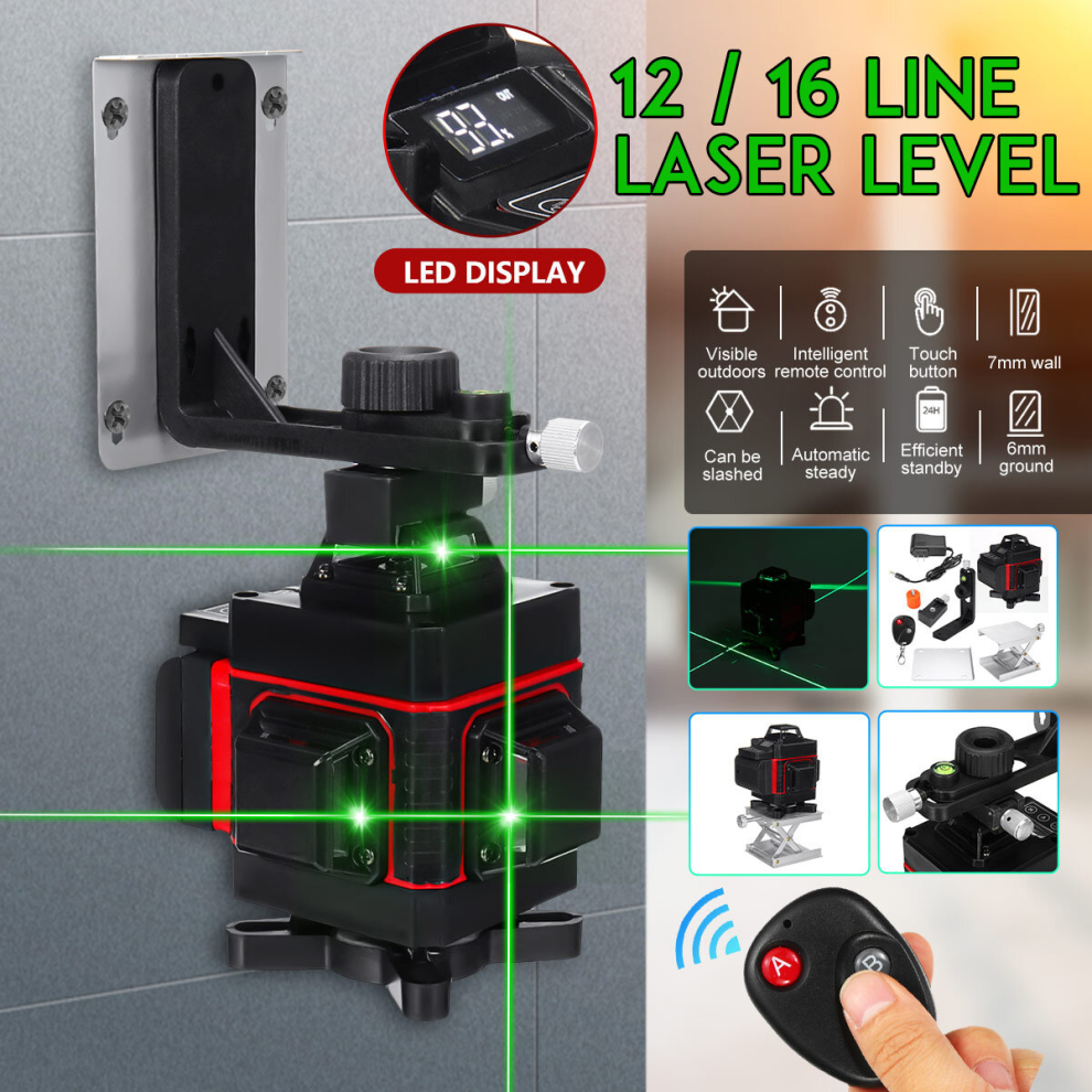 4D 12/16 Line Green Light Laser Level Digital Self Leveling 360 Rotary Measure 6900761109650