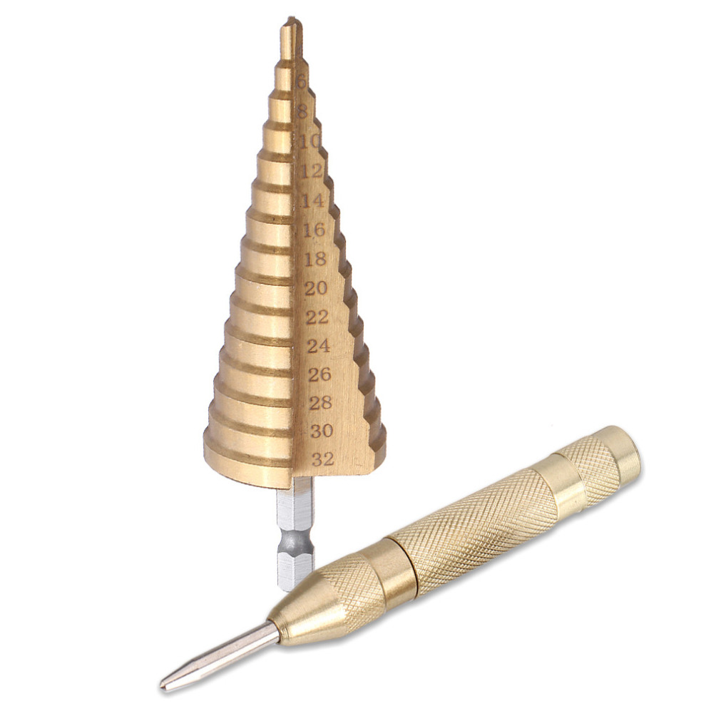 Drillpro 4-32Mm Titanuim Coated Hss Step Drill Bit With Automatic Center Pin Punch 791177524030