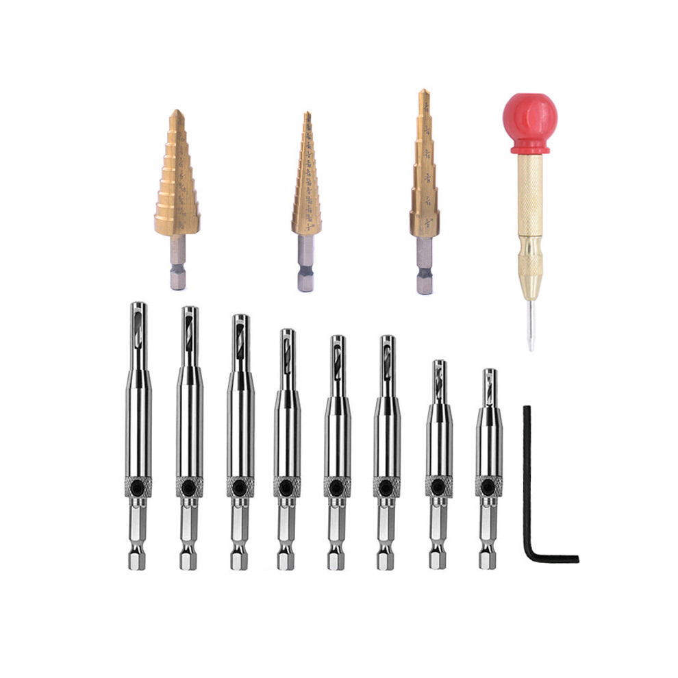 Drillpro 13Pcs Woodworking Hole Drill Bit Combination Set High Speed Steel Woodworking Hinge Head Imperial Pagoda Drill Golden Center Punch 6906141957781