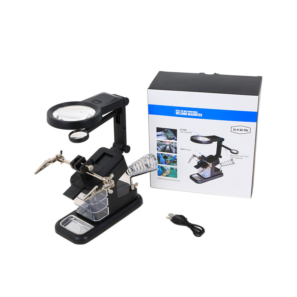 3X/4.5X/25X Soldering Table Magnifier Illuminated Magnifying Glass Third Hand Magnifier