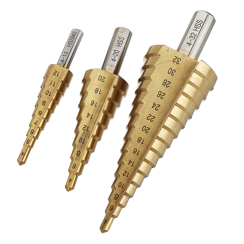 Drillpro 4-12/4-20/4-32Mm Hss 6542 Titanium Coated Step Drill Bit Triangle Shank 3596055508624