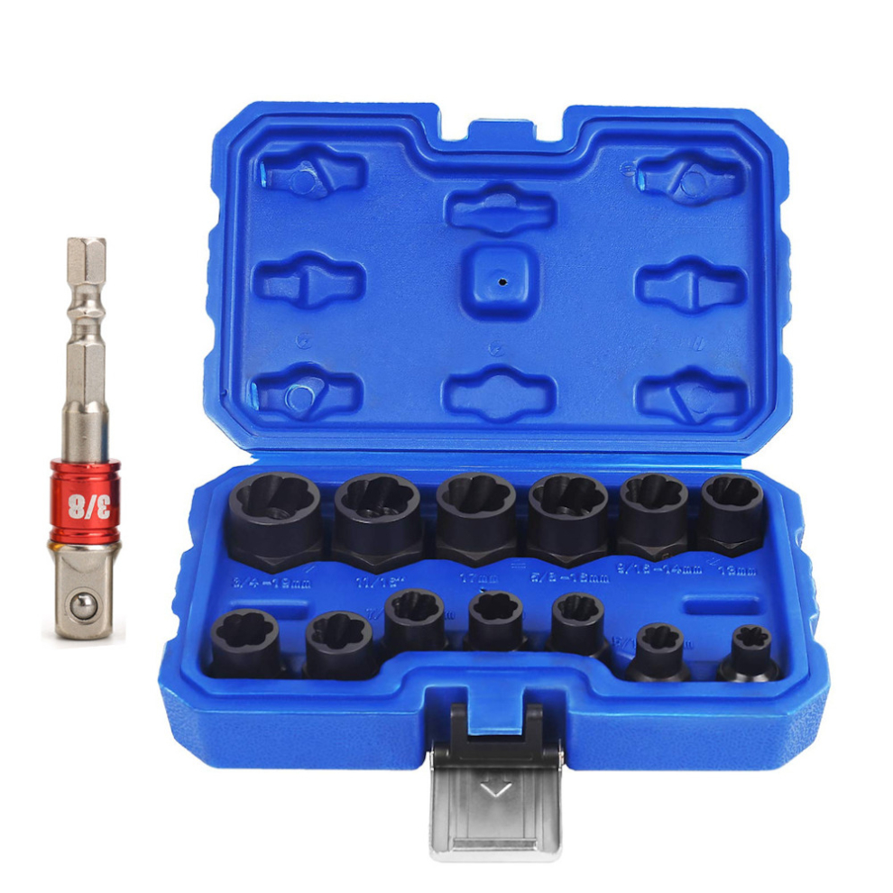 Drillpro 14Pcs Impact Damaged Bolt Nut Remover Extractor Socket Tool Set With Socket Nut Adapter Bolt Nut Screw Removal Socket Wrench 6906141898879