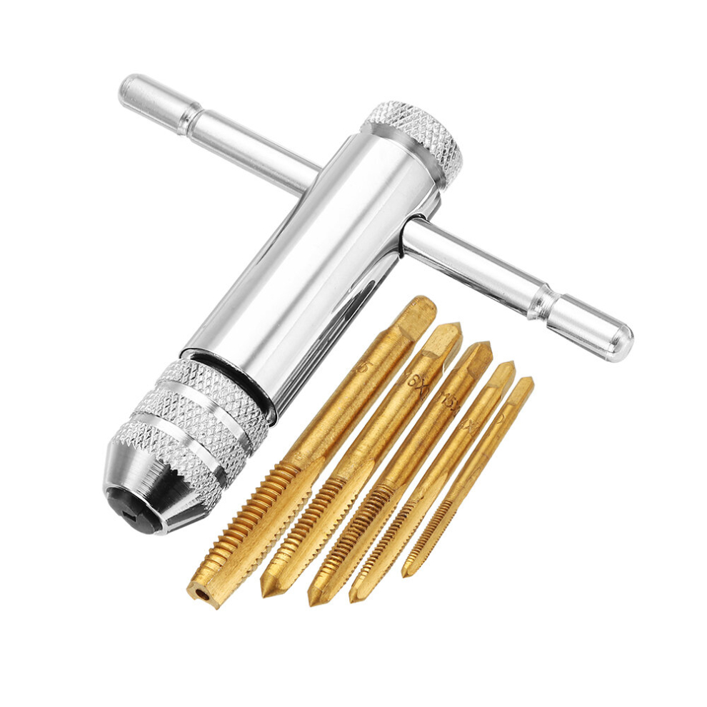 Drillpro T Handle Ratchet Tap Wrench With 5Pcs Titanium Coated M3-M8 Screw Tap Thread Plug Tap 772276834565