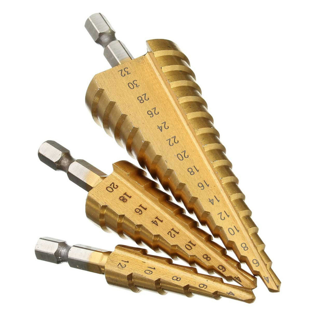 Drillpro 3Pcs 4-12/20/32Mm Hss Titanium Step Cone Drill Bit Hex Shank Hole Cutter 313047522597