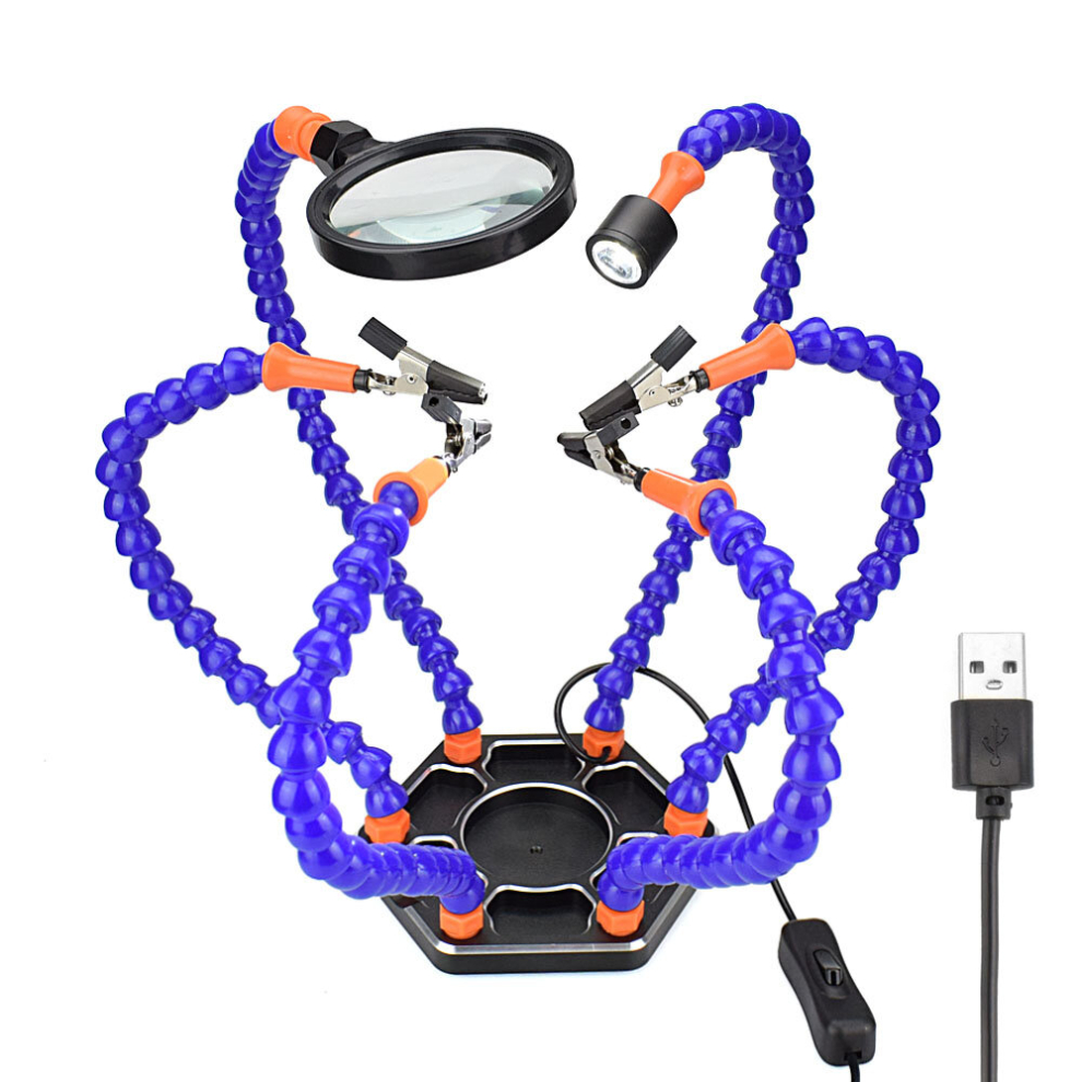 Newacalox Six Arms Solder Iron Stand Holder Third Hand Soldering Pcb Fixture Tool Helping Hands With Magnifier Mini Led Flashlight Usb Charge 3796737098522