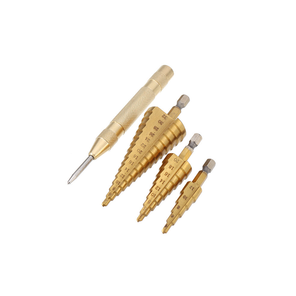 3Pcs Hss Titanium Coated Step Drill Bits 4-12/4-20/4-32Mm With 4Mm Automatic Center Pin Punch 600182730100
