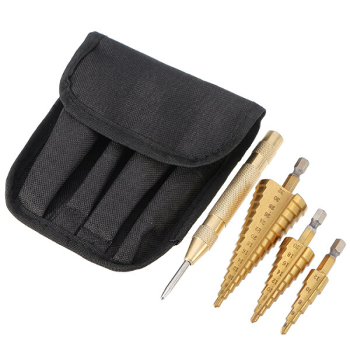 3Pcs HSS Titanium coated Step Drill Bits 4-12/4-20/4-32mm with 4mm Automatic Center Pin Punch 2