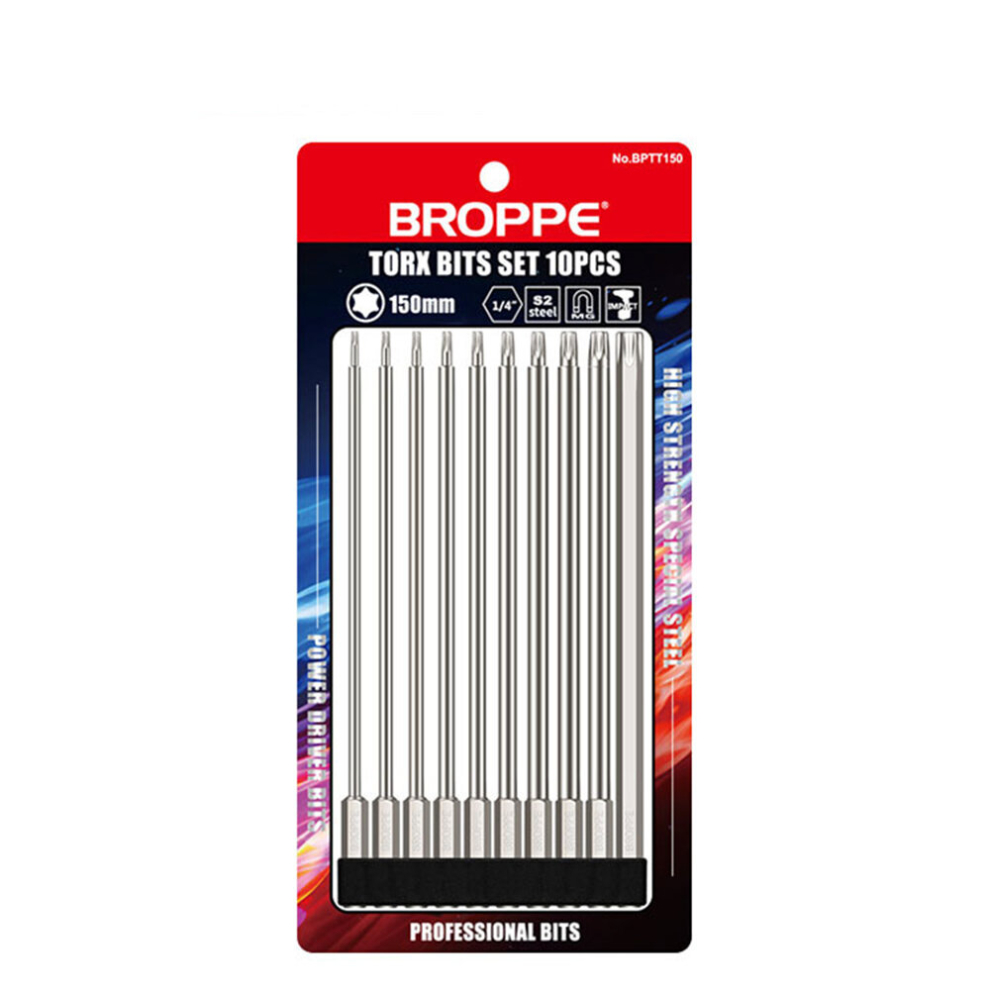 Broppe 10Pcs S2 Alloy Steel T6-T40 150Mm Magnetic Torx Screwdriver Bits 1/4 Inch Hex Shank 6901250615201