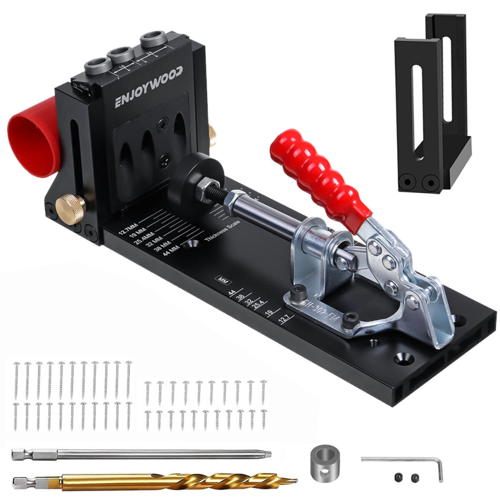 Enjoywood Xk4 Pocket Hole Jig Kit Aluminum Alloy Adjustable Woodworking Drilling Guide For Angled Holes With Drill Bit 6900978099409