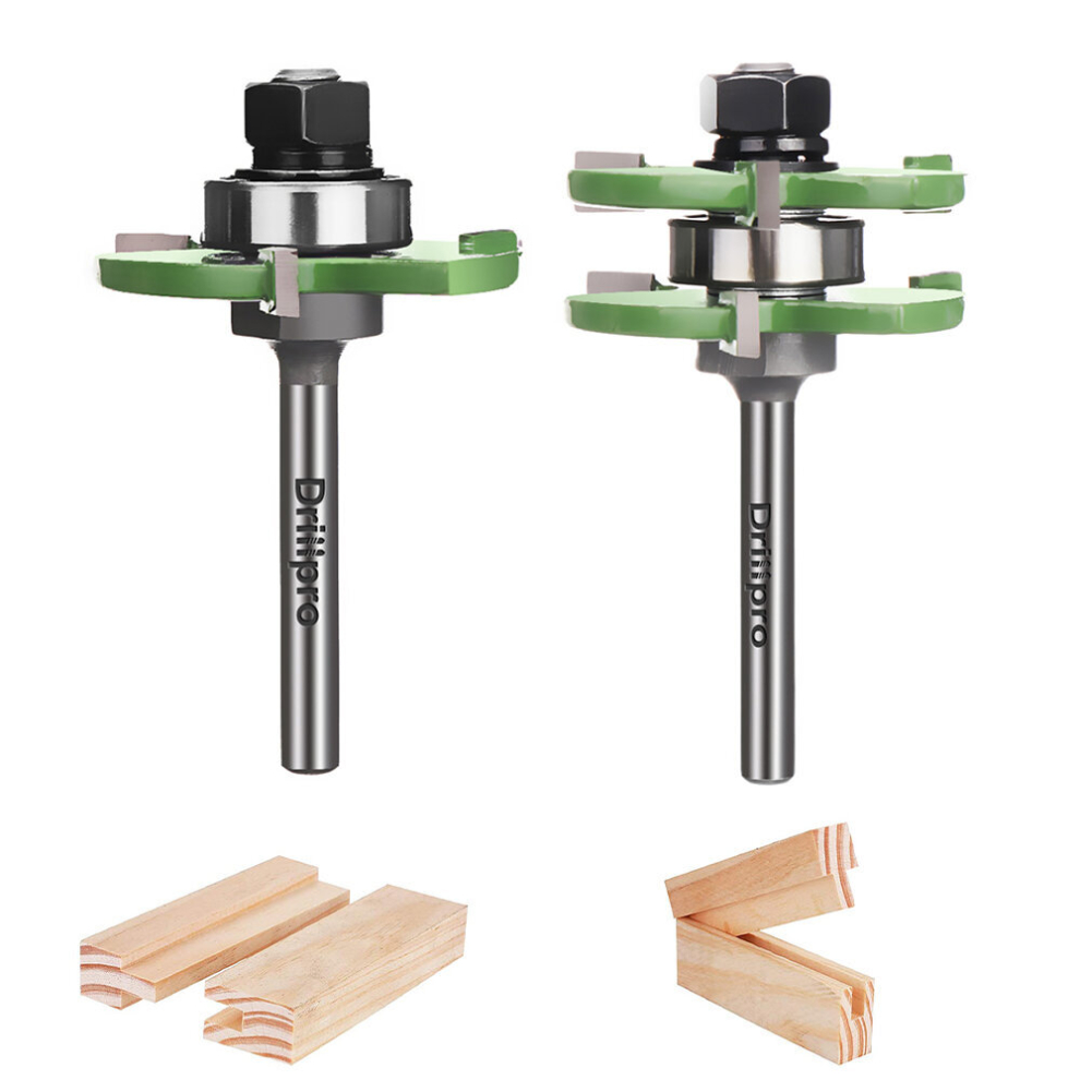Drillpro 2Pcs 1/2 Or 1/4 Inch Shank Tongue And Grooving Router Bit Set 3-Tooth T-Shape Adjustable Milling Cutter 6900083080330