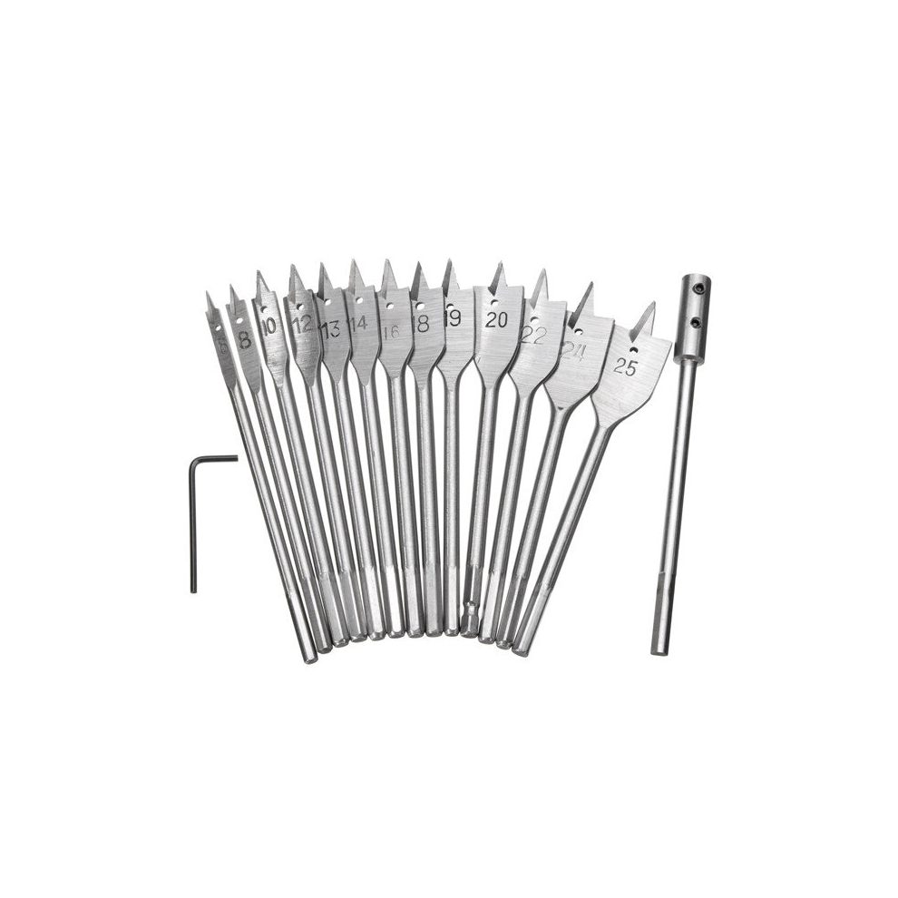 13Pcs 6-25Mm Wood Spade Flat Drill Bits With Extension Rod 1/4 Inch Hex Shank 300742225939