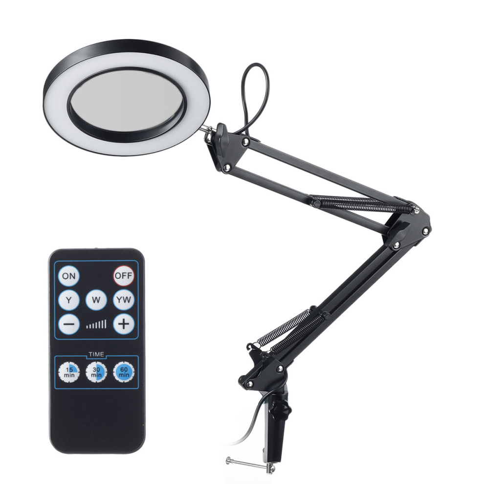NEWACALOX Remote Flexible Desk Magnifier 5X USB LED Magnifying Glass 3 Colors Illuminated Magnifier Lamp Wireless Remote Control