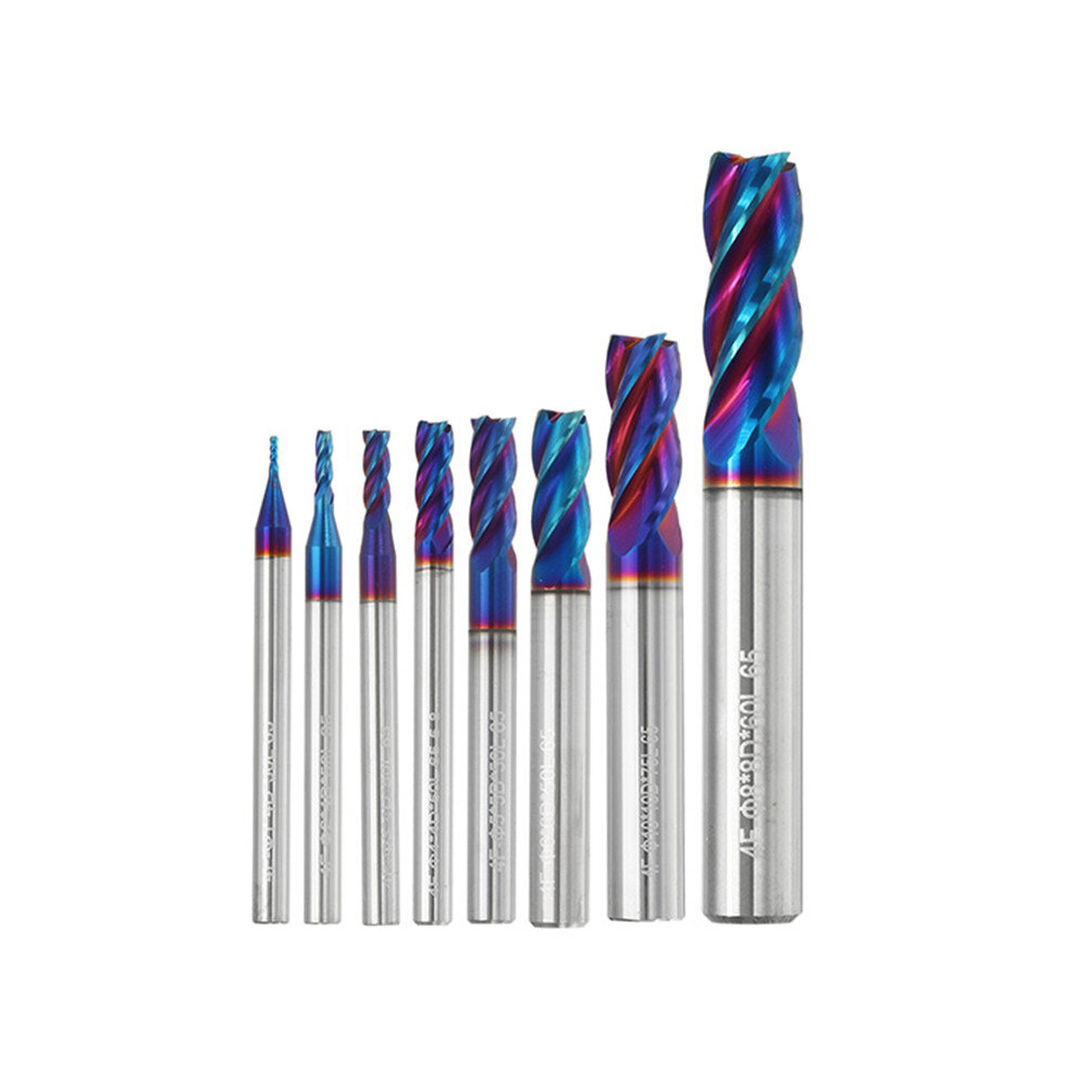 Drillpro 8Pcs 1-10Mm 4 Flutes Tungsten Carbide Milling Cutter Hrc65 Blue Naco Coated Milling Cutter Cnc Tool 3596055893614