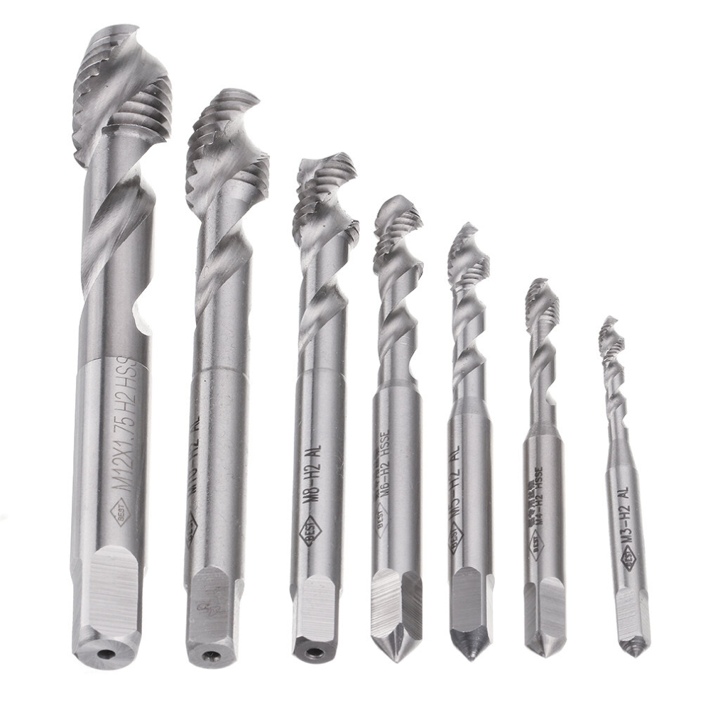 Drillpro 7Pcs M3-M12 Hss Spiral Screw Thread Tap Machine Thread Tap For Alumunium And Alumunium Alloy 3345536028201