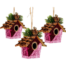 (Bird House Hot Pink 10x11cm, 3) Christmas Hanging Decoration Hotpink Velvet Foam Pendant Xmas Gift Tree Ornament