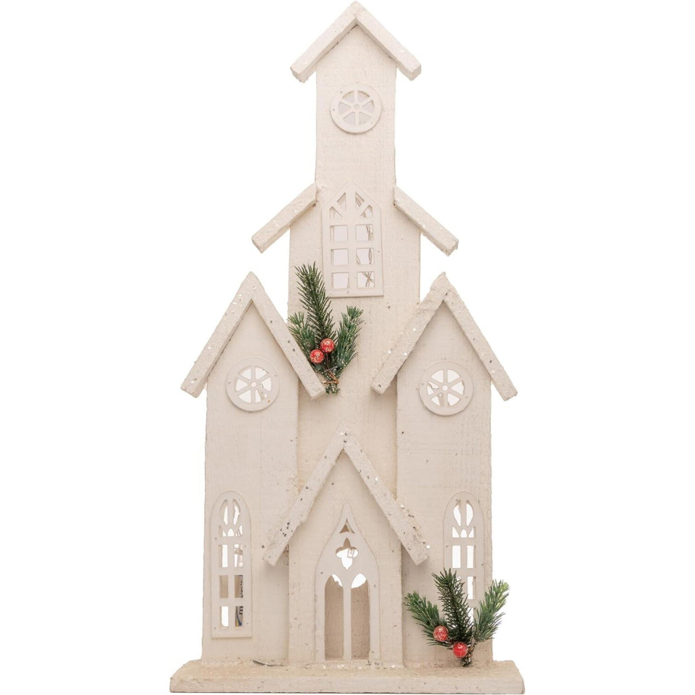 (White 51cm) Christmas Decoration LED Wooden House Snowy Xmas Tabletop Unique Centerpiece