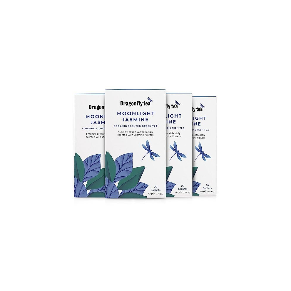 Dragonfly Tea Moonlight Jasmine, Organic Scented Green Tea, 20 Teabags (Pack Of 4, 80 Teabags)