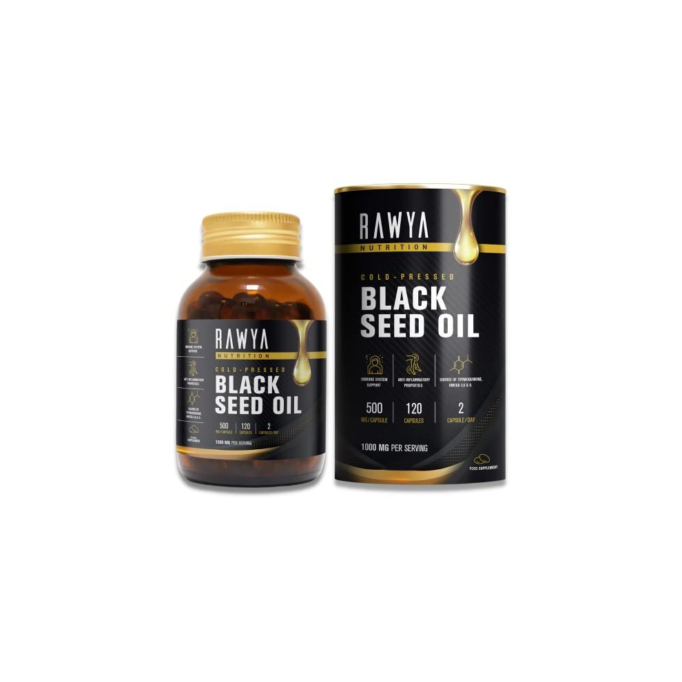 Rawya Black Seed Oil - 120 Softgel Capsules, Premium Cold-Pressed Nigella Sativa, Pure Black Cumin Seed Oil - 500Mg Each, Supports Immune System,