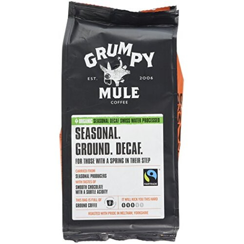 Grumpy Mule Organic Seasonal Decaf Swiss Water Processed Ground Coffee With Tastes of Smooth Chocolate With A Subtle Acidity 227 g
