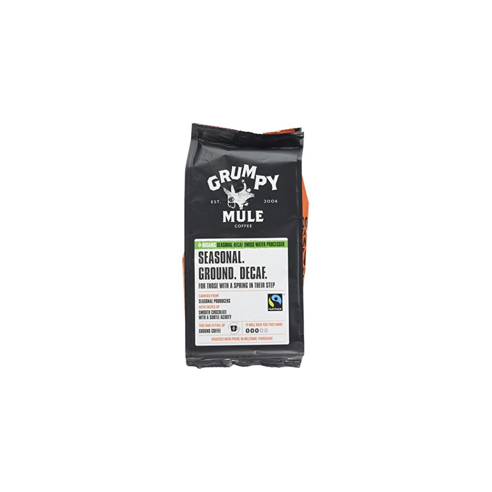 Grumpy Mule Organic Seasonal Decaf Swiss Water Processed Ground Coffee With Tastes of Smooth Chocolate With A Subtle Acidity 227 g