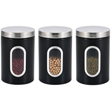 Royal Cuisine Stainless Steel Round Canister Set Of 3 Clear Window and Multi Food Storage Jars (Black)