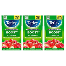 Tetley Super Green Tea Boost Strawberry & Raspberry Tea, Pack of 3, 60 Tea Bags Total