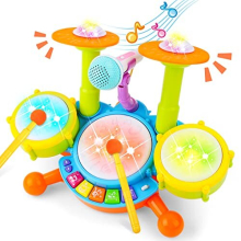 deAO Beginners Musical Table Top Drum Kit Play Set with Drum Sticks, Microphone, Light Features, Interactive Music and Sounds for Babies Kids and