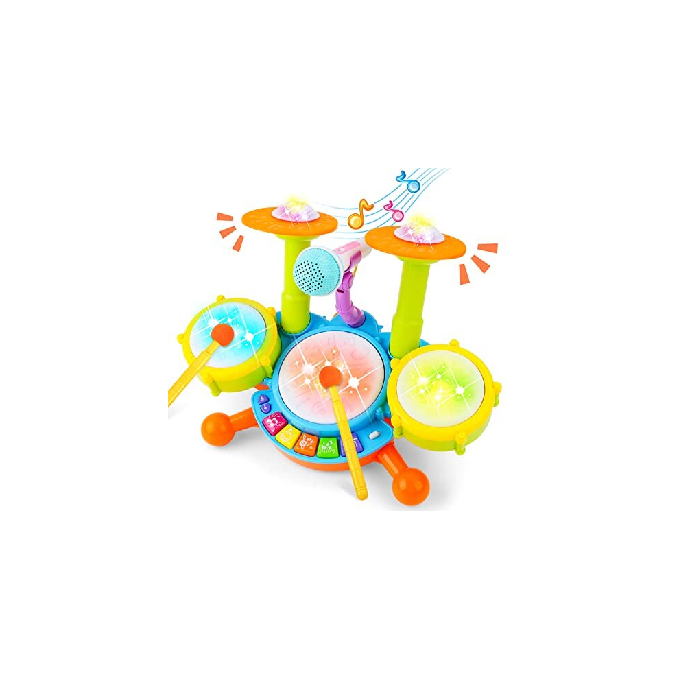 deAO Beginners Musical Table Top Drum Kit Play Set with Drum Sticks, Microphone, Light Features, Interactive Music and Sounds for Babies Kids and