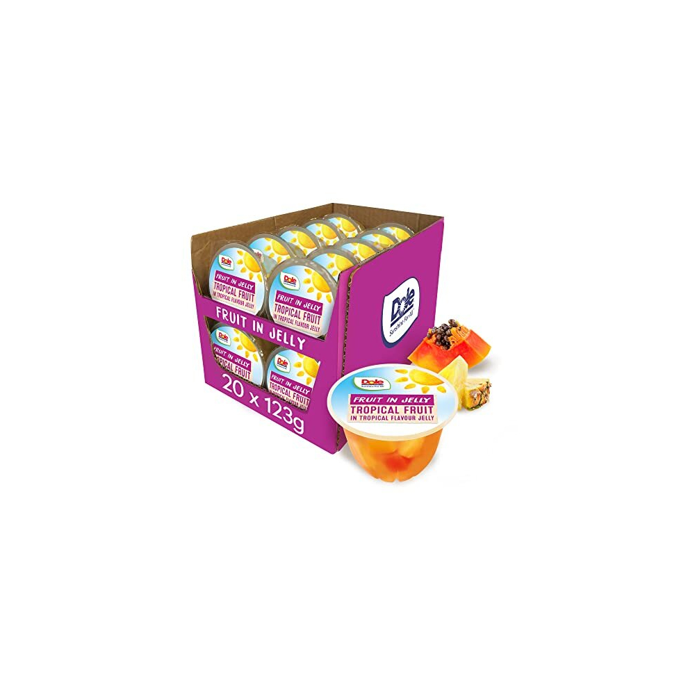 Dole Tropical Fruit in Jelly Fruit Pots 20 x 123g, Assorted Fruits, Healthy Snack, No Added Sugar Fruit Cocktail Bowls, Perfect for Breakfast &