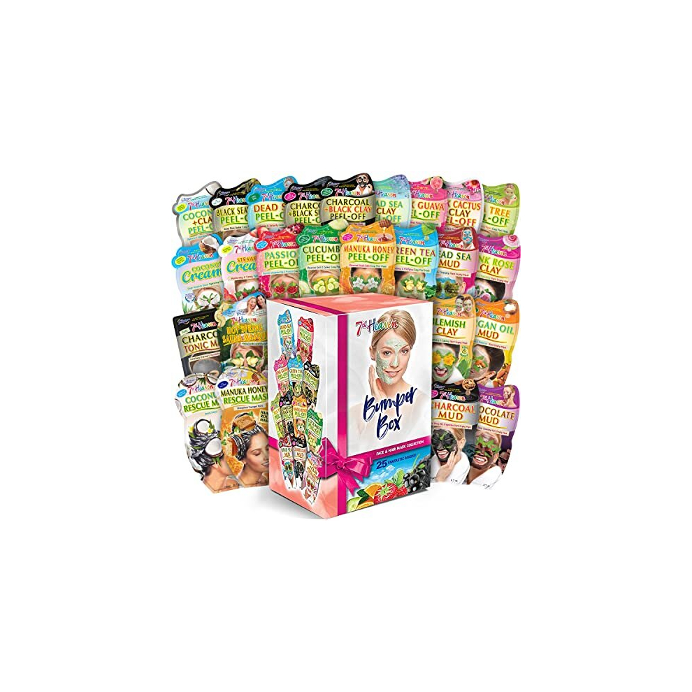 7th Heaven Bumper Box Gift Set - 25 x Face Masks Skincare Set & Hair Masks for Damaged Hair - Mix of Hair Masks, Peel Off Face Masks & Clay Face Mask 