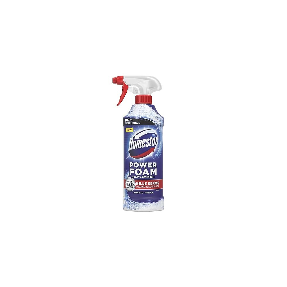 Domestos Power Foam Arctic Fresh Toilet & Bathroom Cleaner Spray sprays upside down & eliminates 99.99% of germs for cleaning inside the toilet &