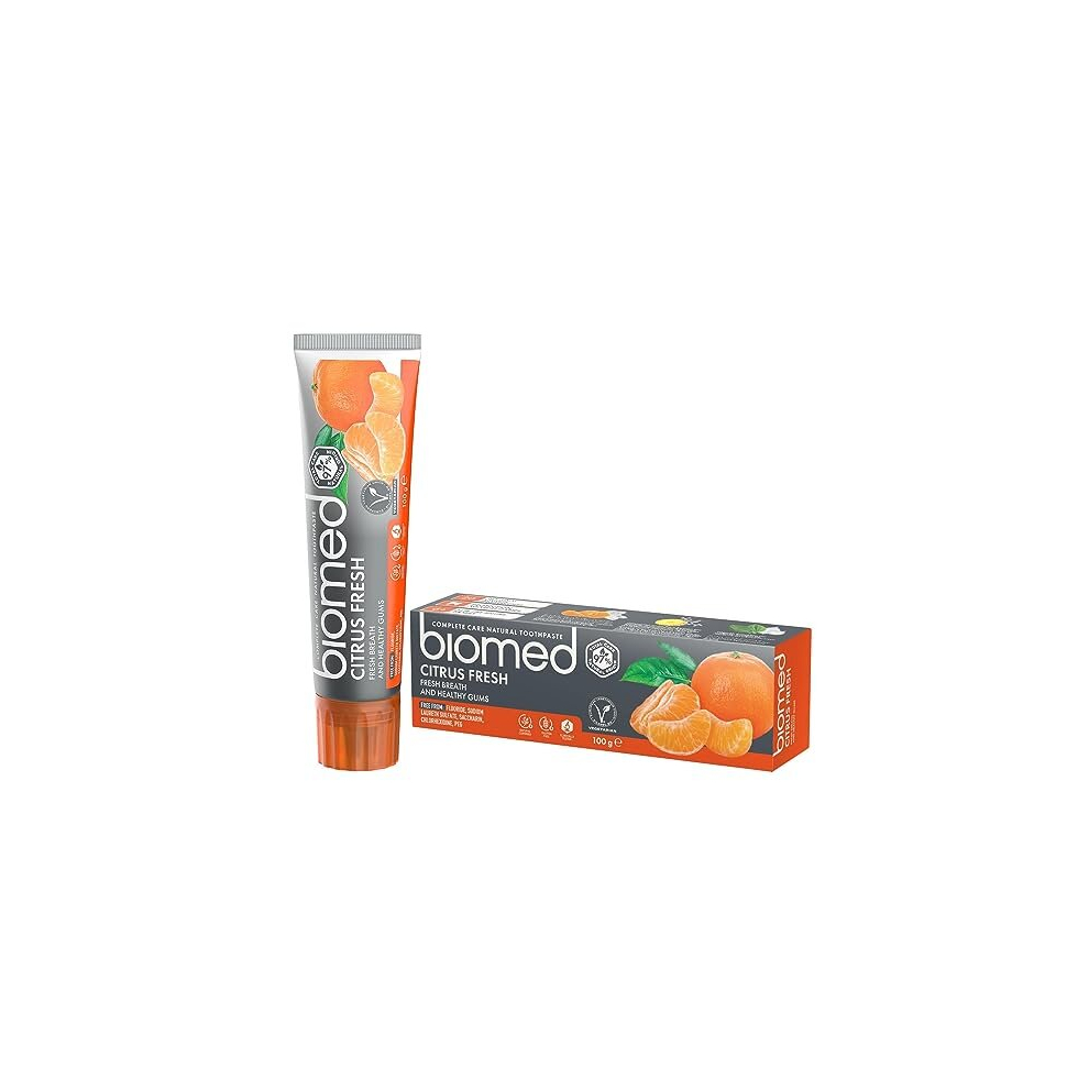 Biomed Citrus Fresh 97% Natural Toothpaste | Orange, Fresh Breath, Healthy Gums | Mandarin Grapefruit Lemon Essential Oils, Fruit Flavour, Vegetarian,