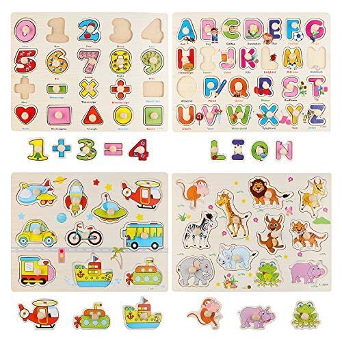 Wondertoys 4 Pieces Wooden Jigsaw Puzzles Vehicles Alphabet ABC Fruit Animal Alphabet Number Peg Jigsaw Educational Puzzles for Kid Toddler Boys Girls on OnBuy