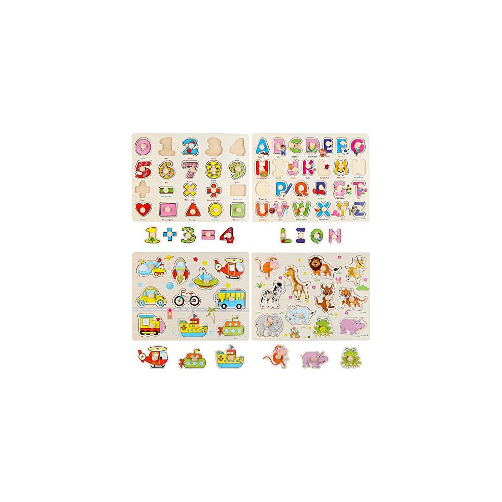 Wondertoys 4 Pieces Wooden Jigsaw Puzzles Vehicles/Alphabet ABC/Fruit/Animal/Alphabet Number Peg Jigsaw Educational Puzzles for Kid Toddler Boys Girls