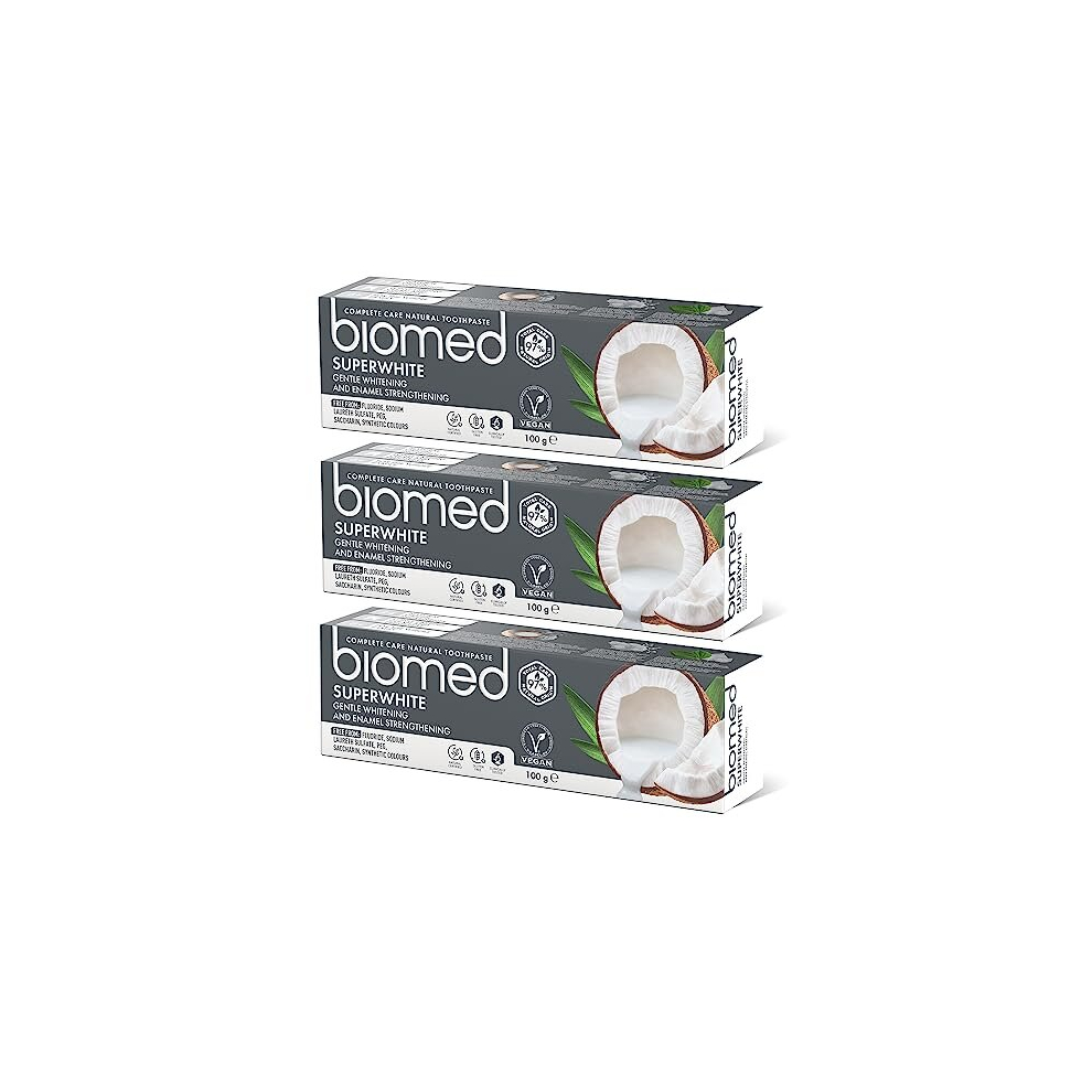 Biomed Superwhite 97% Natural Whitening Toothpaste | Enamel Strengthening | Coconut Flavour, Vegan, SLES Free 100g (Pack of 3)