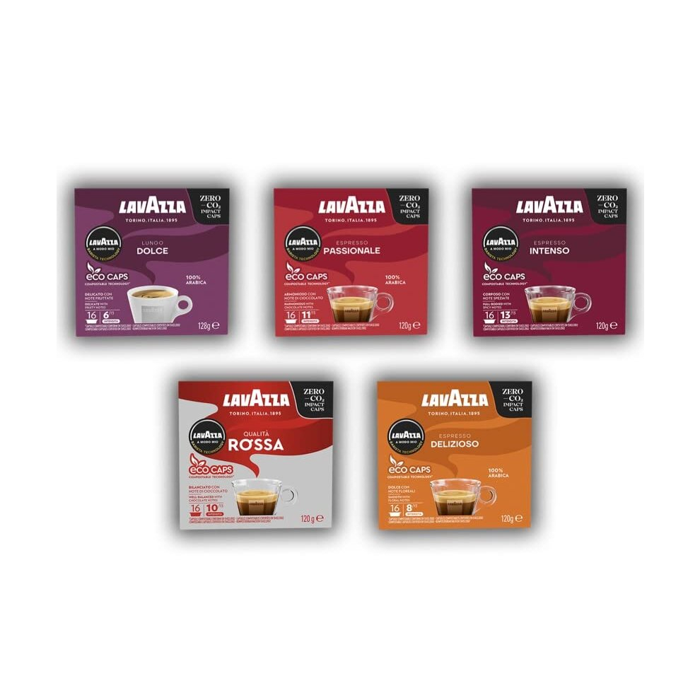 Lavazza, 5 Variety Pack, A Modo Mio, Coffee Capsules, Compostable, 5 packs of 16 Coffee Pods (80 Coffee Capsules)