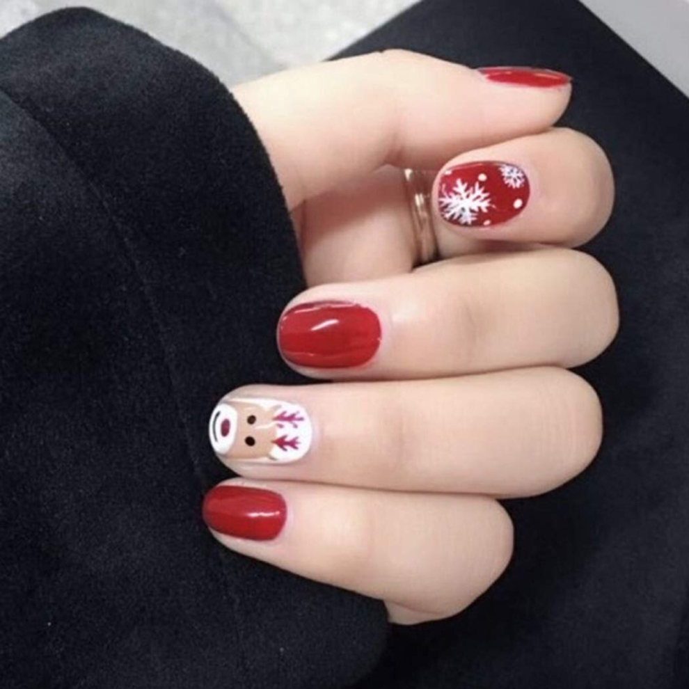 Fake Nails Christmas Elk Snowflake False Nails Full Cover Short Nails Art Press On Red Nail 24Pcs For Women