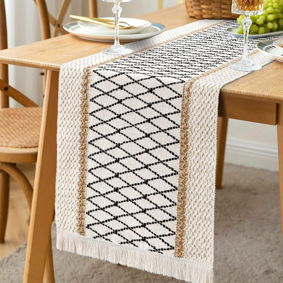 Rustic macram table runner with tassels, hand-woven from cotton and hessian - Rustic style - For kitchen, dining room - 30.5 x 274.3 cm-image-OPC-PCPPRG6-NEW