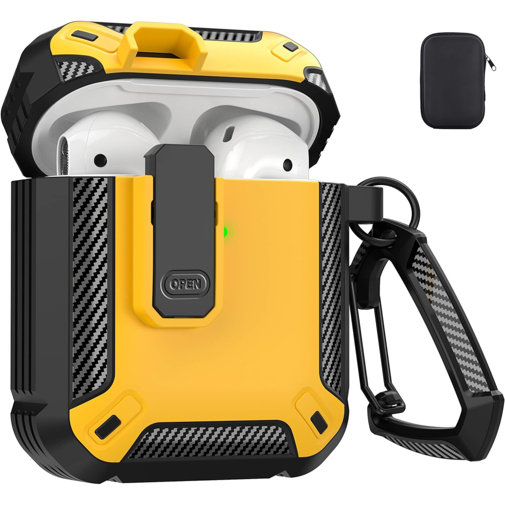 Airpods 1/2 Case With Locking Military Hard Shell Shockproof Case With Key Fob,Compatible With Apple Airpods 2Nd Generation And 1St Generation, Yellow 7770197790079