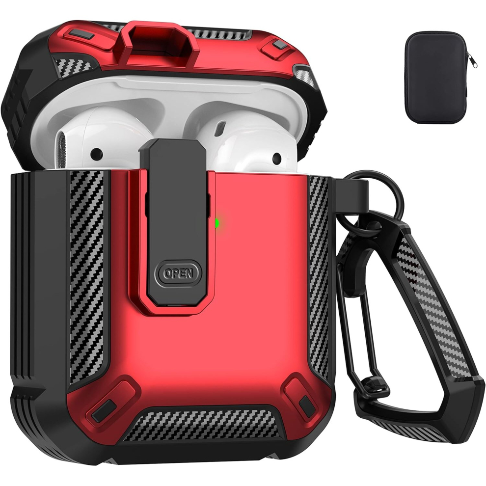 Airpods 1/2 Case With Locking Military Hard Shell Shockproof Case With Key Fob, Compatible With Apple Airpods 2Nd Generation And 1St Generation, Red 7770197790055