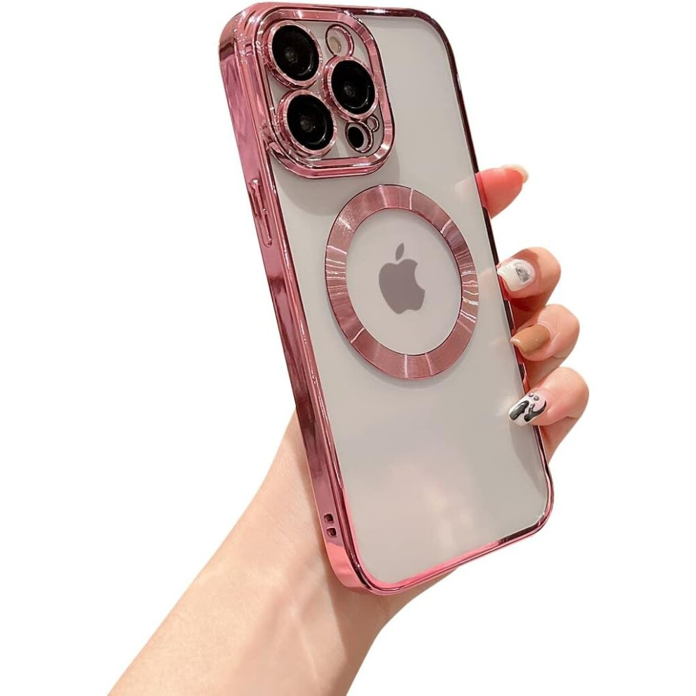 Iphone 13Pro Max Magnetic Clear With Camera Lens Case Full Protection Magsafe Electroplated Silicone Dust Screen Shockproof Case 6.7" - Pink 7770197790482
