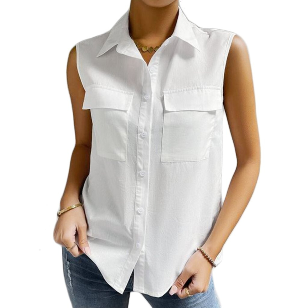 (White, 2XL) Women Button Down Shirt Sleeveless Blouses Collared Business Casual Tunic Tank Top Solid Summer Blouses Top Work Blouses