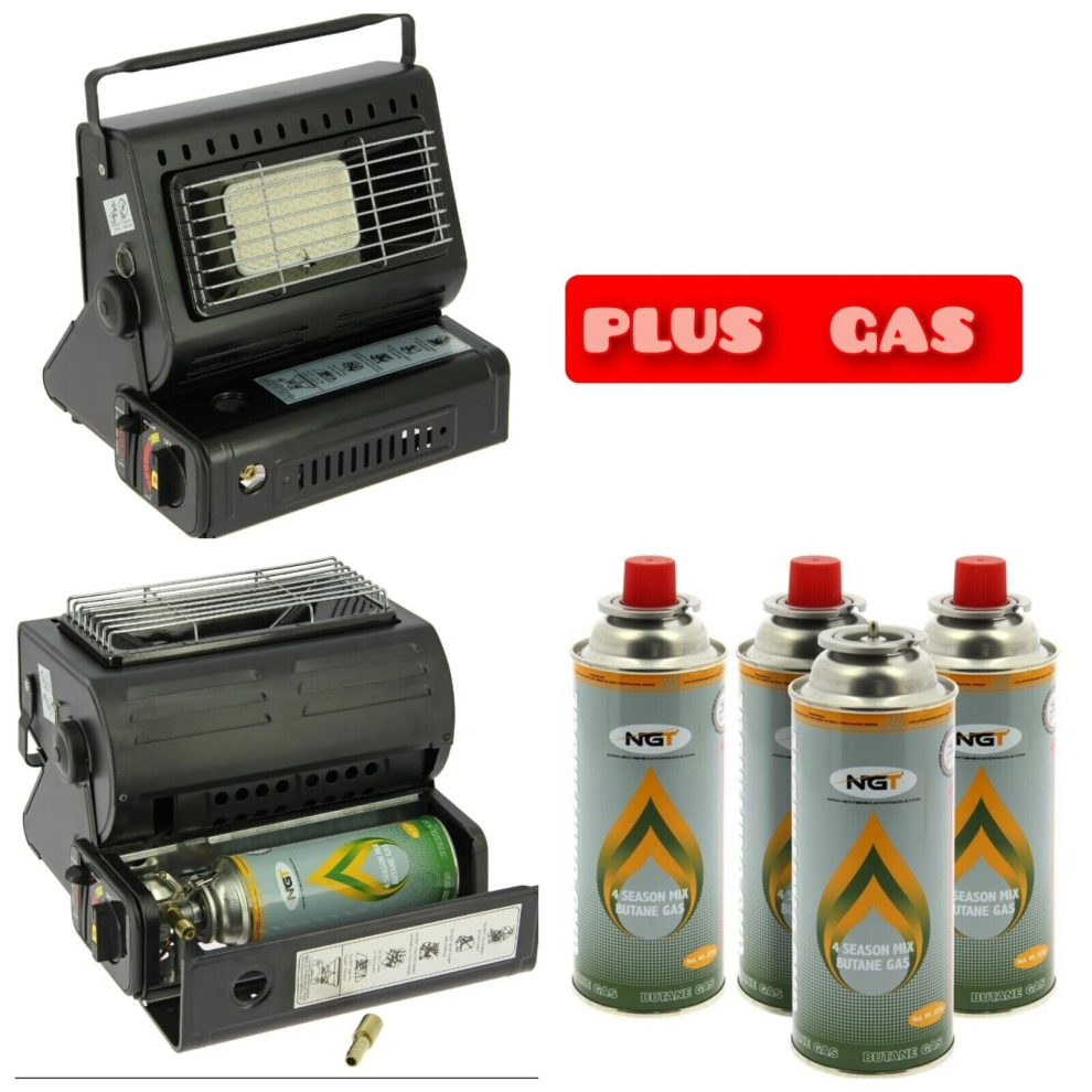 Portable Bivvy Heater Stove 1.3kw & 4 Pack Butane Gas Canisters.Fishing Tent Cam