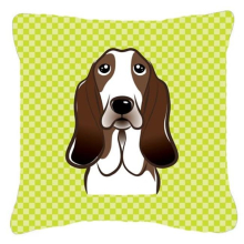 Checkerboard Lime Green Basset Hound Fabric Decorative Pillow- 18 x 18 In.