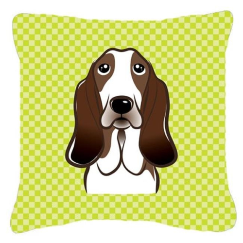 Checkerboard Lime Green Basset Hound Fabric Decorative Pillow- 18 x 18 In.