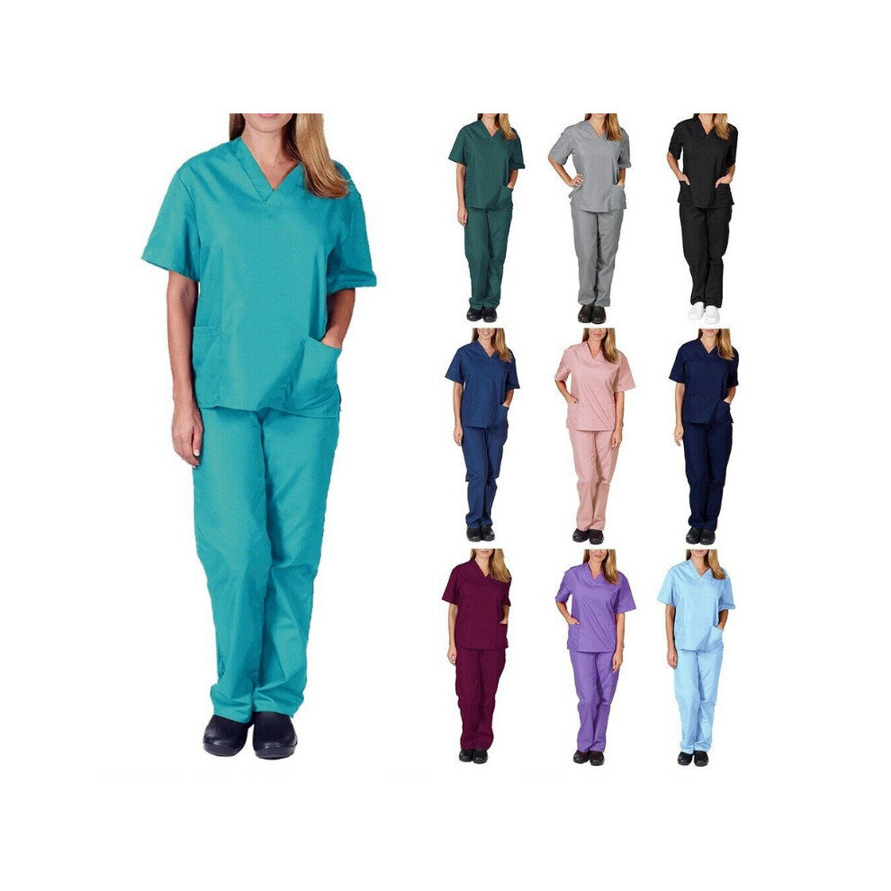 (S, Black) Women Medical Scrub Doctor Uniform Top+pants Set